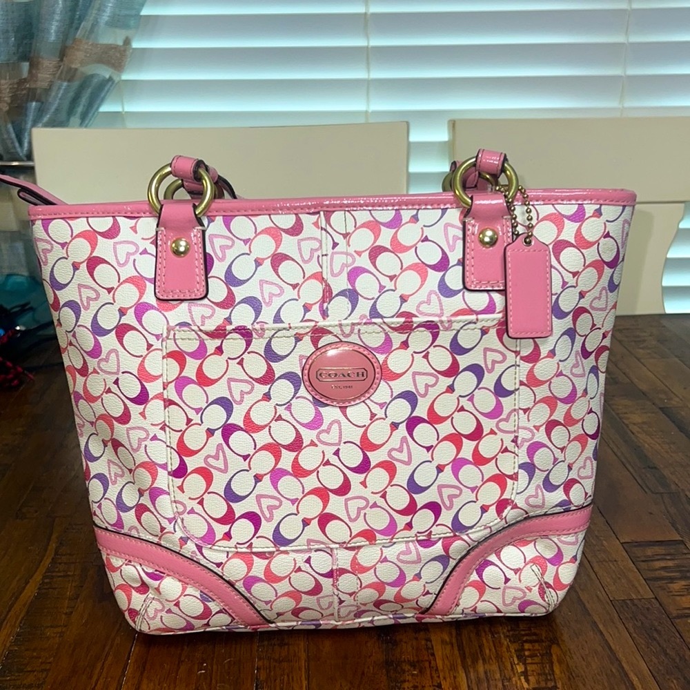 Coach Waverly Chelsea Ivory Pink Purple Heart Tote Bag shoulder bag Barbiecore